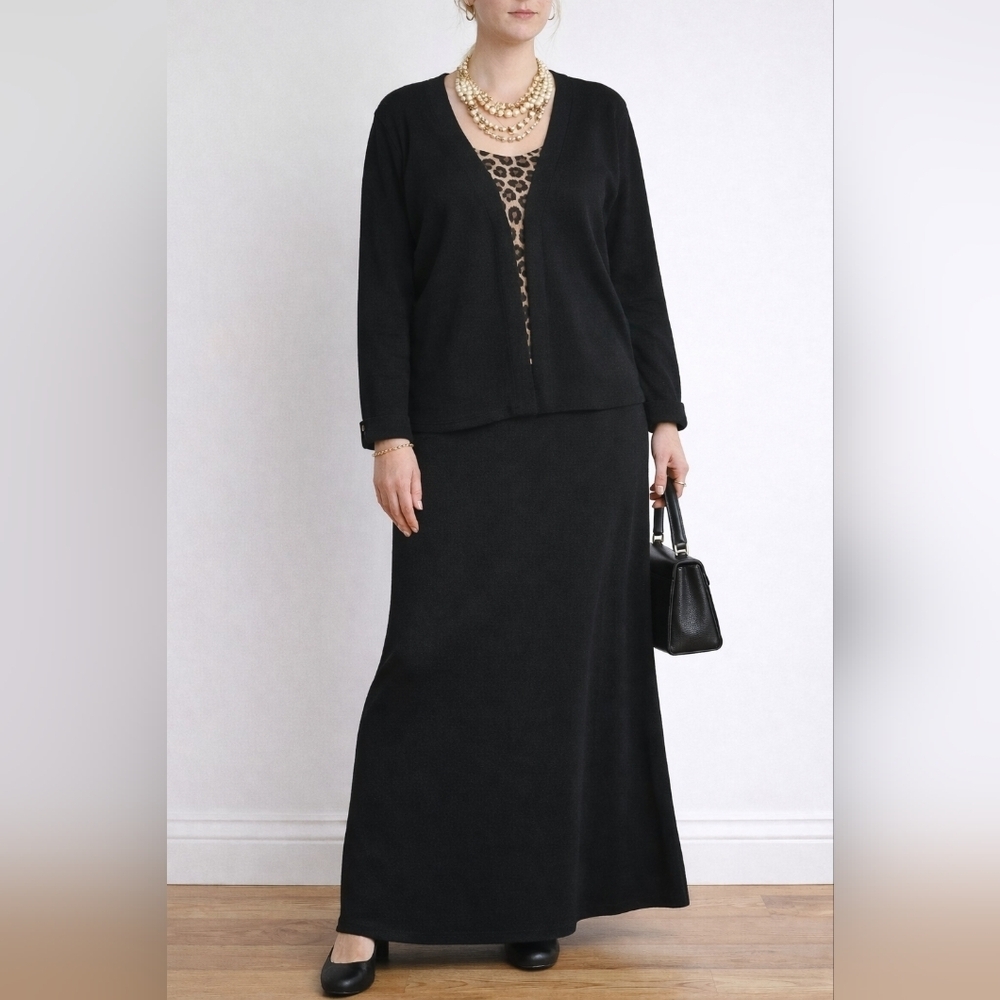 Vintage Set Ribbed Black Cardigan and Skirt Set Large/XL